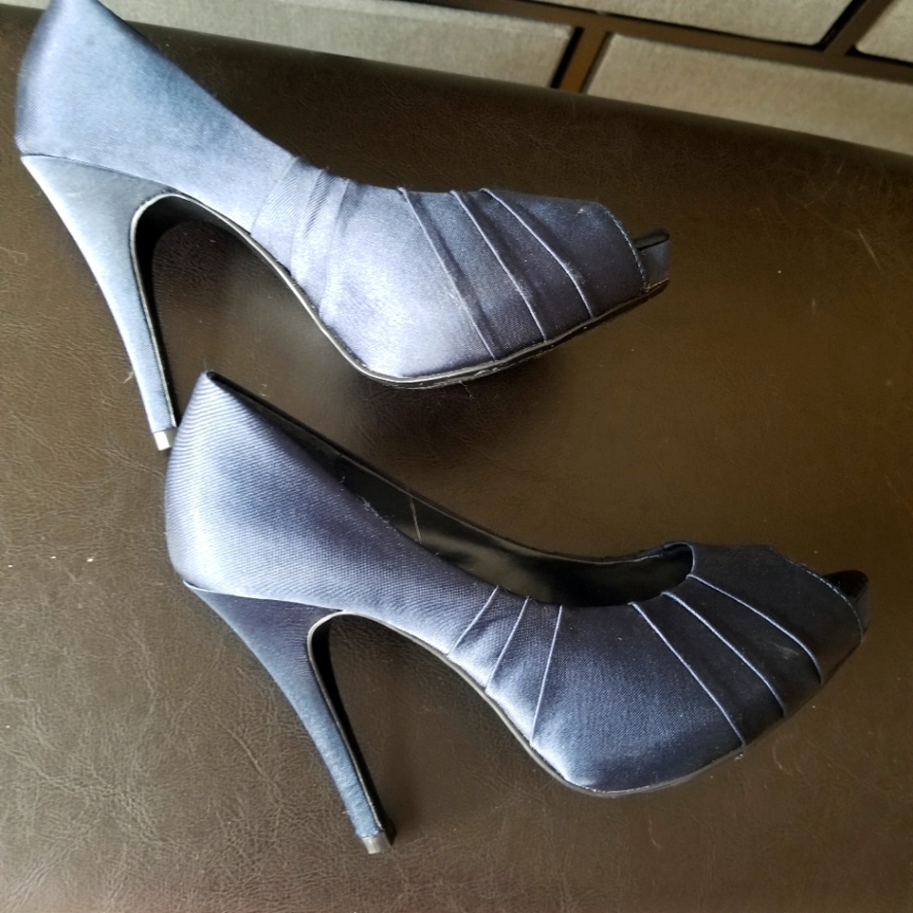 Kelly & Katie Navy Blue Satin Peep Toe High Heel  Shoes
